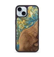 iPhone 15 Wood Phone Case - Charla (Teal & Gold, 742240)