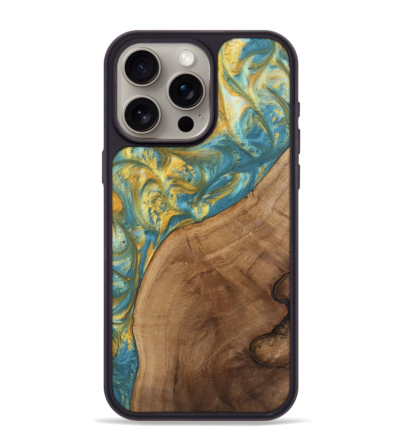 iPhone 15 Pro Max Wood Phone Case - Charla (Teal & Gold, 742240)