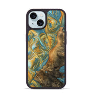 iPhone 15 Wood Phone Case - Sean (Teal & Gold, 742338)