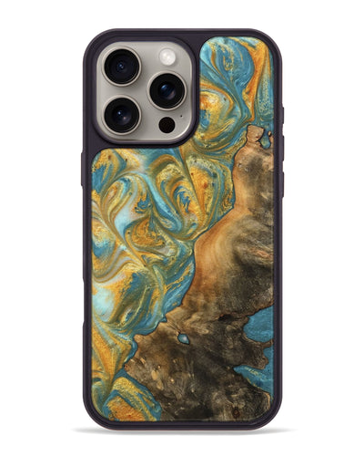 iPhone 16 Pro Max Wood Phone Case - Sean (Teal & Gold, 742338)