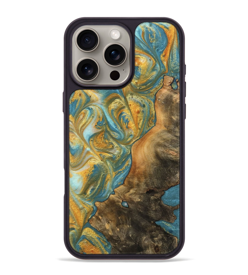 iPhone 16 Pro Max Wood Phone Case - Sean (Teal & Gold, 742338)