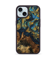 iPhone 15 Wood Phone Case - Rice (Teal & Gold, 742479)