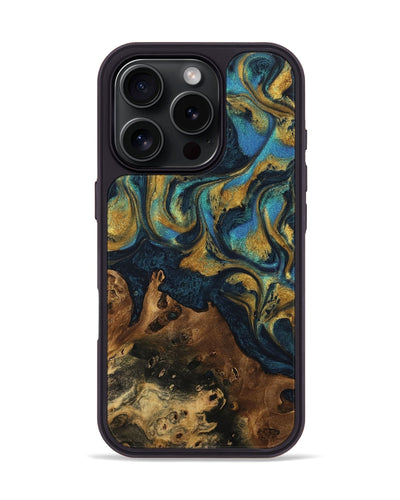 iPhone 16 Pro Wood Phone Case - Rice (Teal & Gold, 742479)