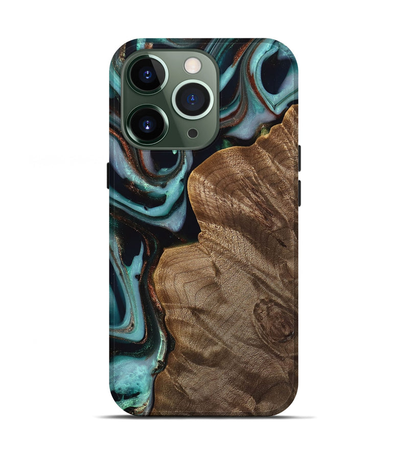 iPhone 13 Pro Wood Live Edge Phone Case - Mirjam (Teal & Gold, 742591)