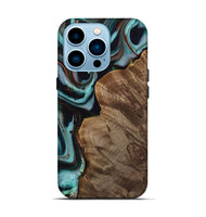 iPhone 14 Pro Wood Live Edge Phone Case - Mirjam (Teal & Gold, 742591)