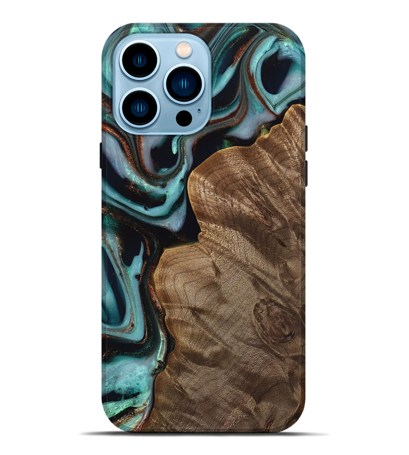 iPhone 14 Pro Max Wood Live Edge Phone Case - Mirjam (Teal & Gold, 742591)