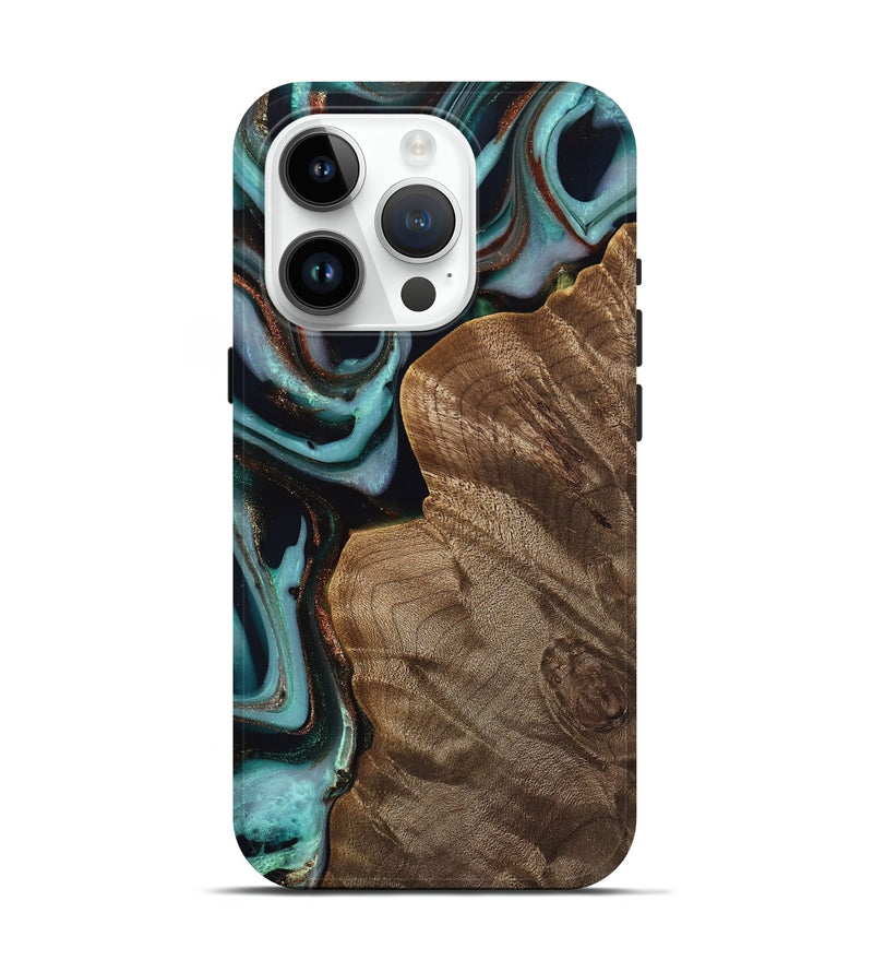 iPhone 15 Pro Wood Live Edge Phone Case - Mirjam (Teal & Gold, 742591)