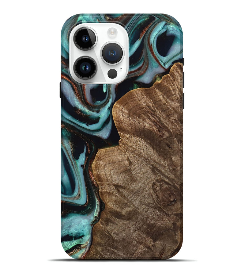 iPhone 15 Pro Max Wood Live Edge Phone Case - Mirjam (Teal & Gold, 742591)