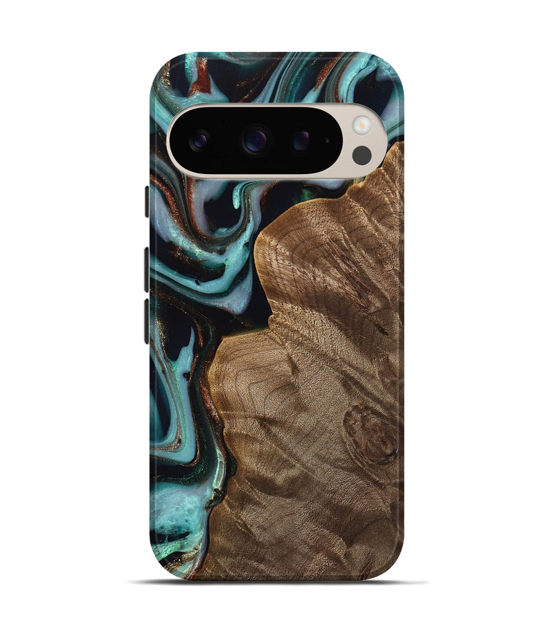 Pixel 9 Pro Wood Live Edge Phone Case - Mirjam (Teal & Gold, 742591)