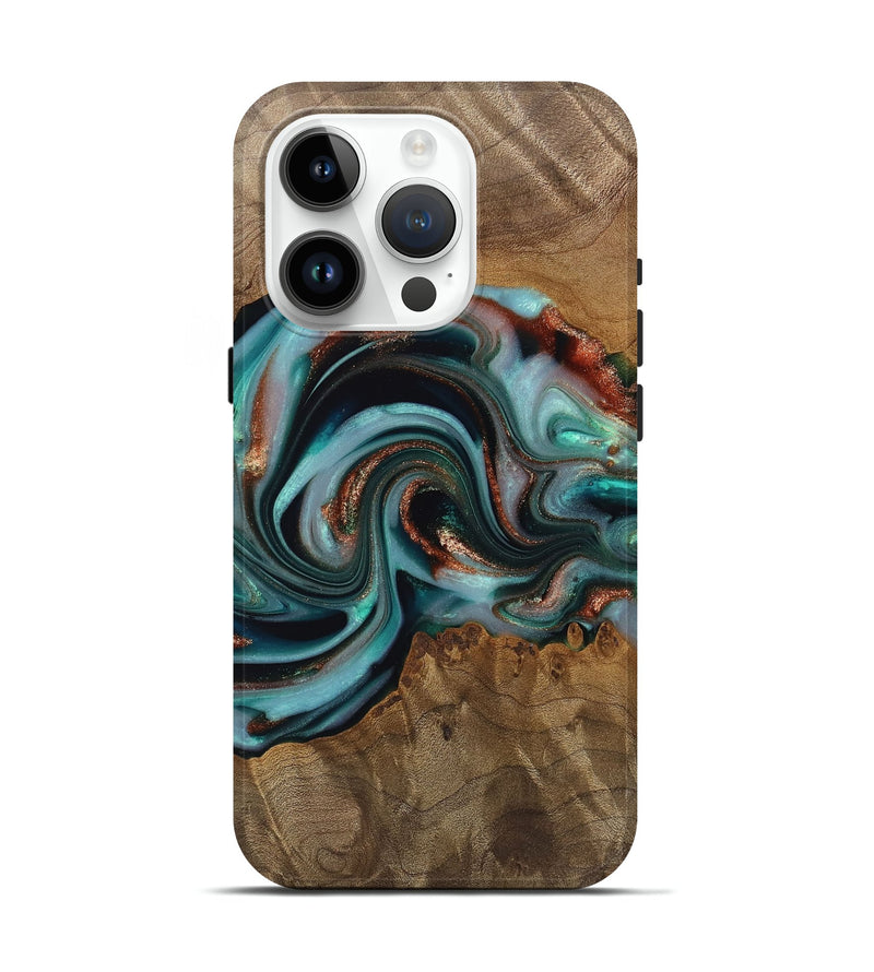 iPhone 15 Pro Wood Live Edge Phone Case - Alpine (Teal & Gold, 742592)