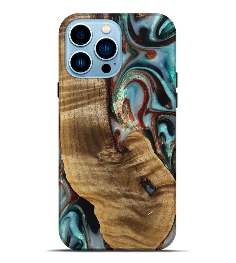 iPhone 14 Pro Max Wood Live Edge Phone Case - Windell (Teal & Gold, 742594)