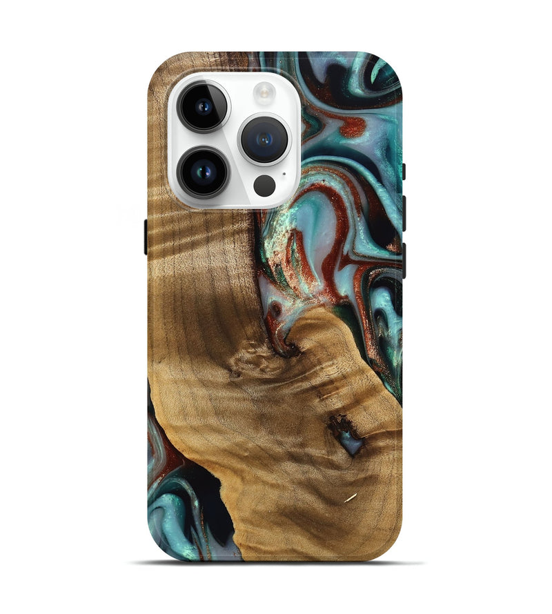 iPhone 15 Pro Wood Live Edge Phone Case - Windell (Teal & Gold, 742594)