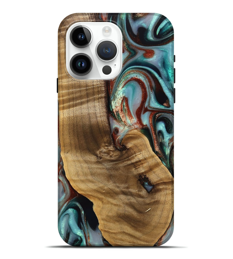 iPhone 15 Pro Max Wood Live Edge Phone Case - Windell (Teal & Gold, 742594)