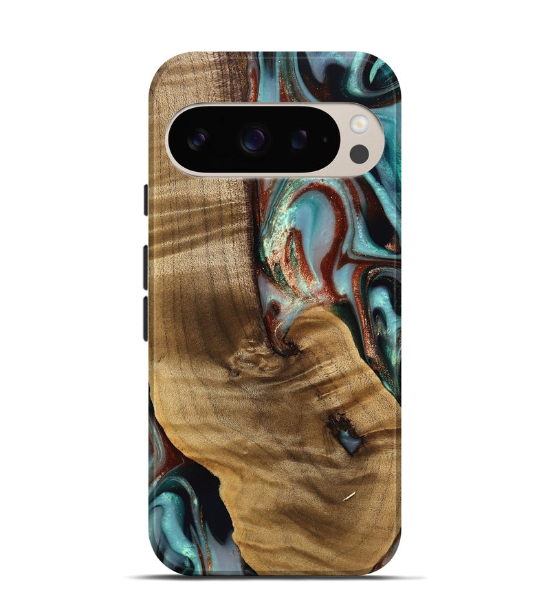 Pixel 9 Pro Wood Live Edge Phone Case - Windell (Teal & Gold, 742594)