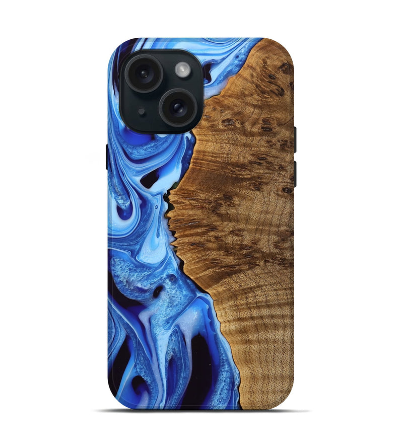 iPhone 15 Wood Live Edge Phone Case - Elysha (Blue, 742958)