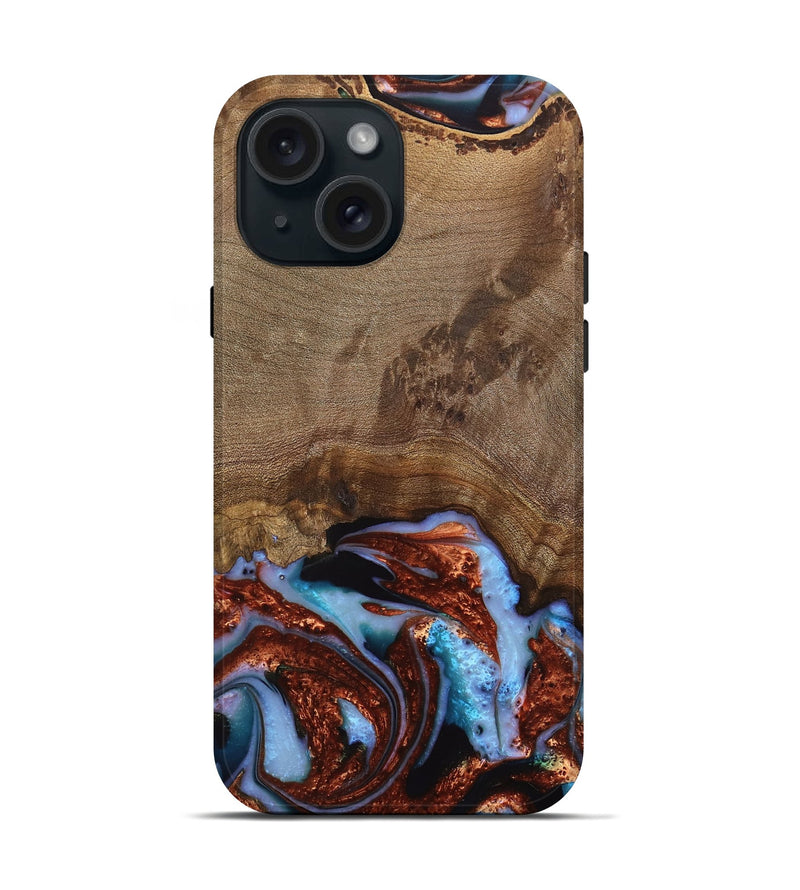 iPhone 15 Wood Live Edge Phone Case - Andrei (Teal & Gold, 742962)