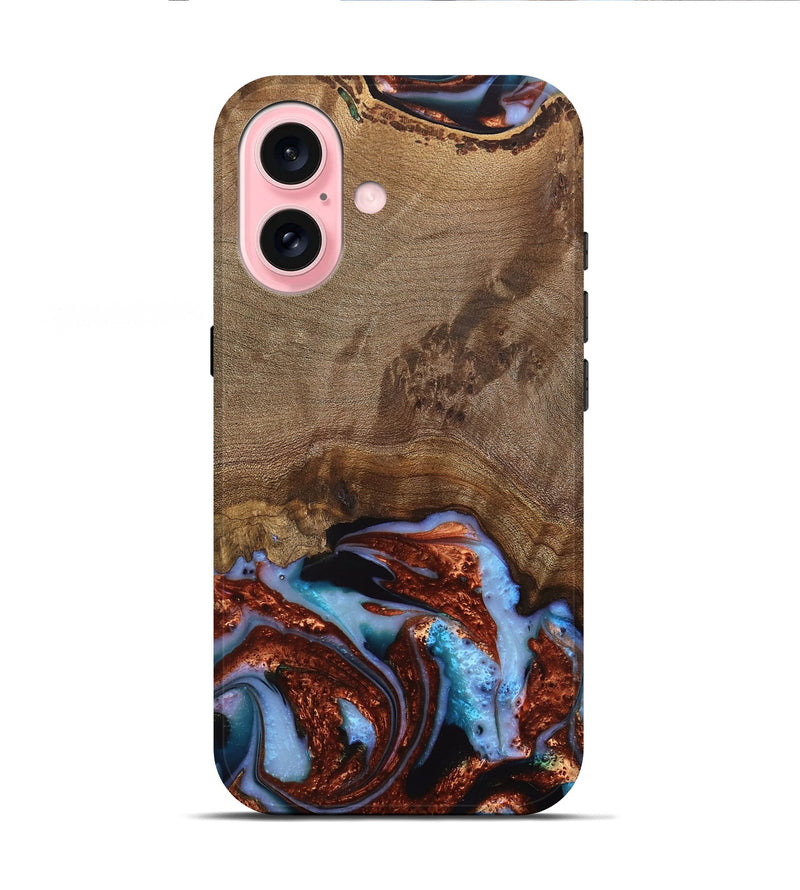 iPhone 16 Wood Live Edge Phone Case - Andrei (Teal & Gold, 742962)