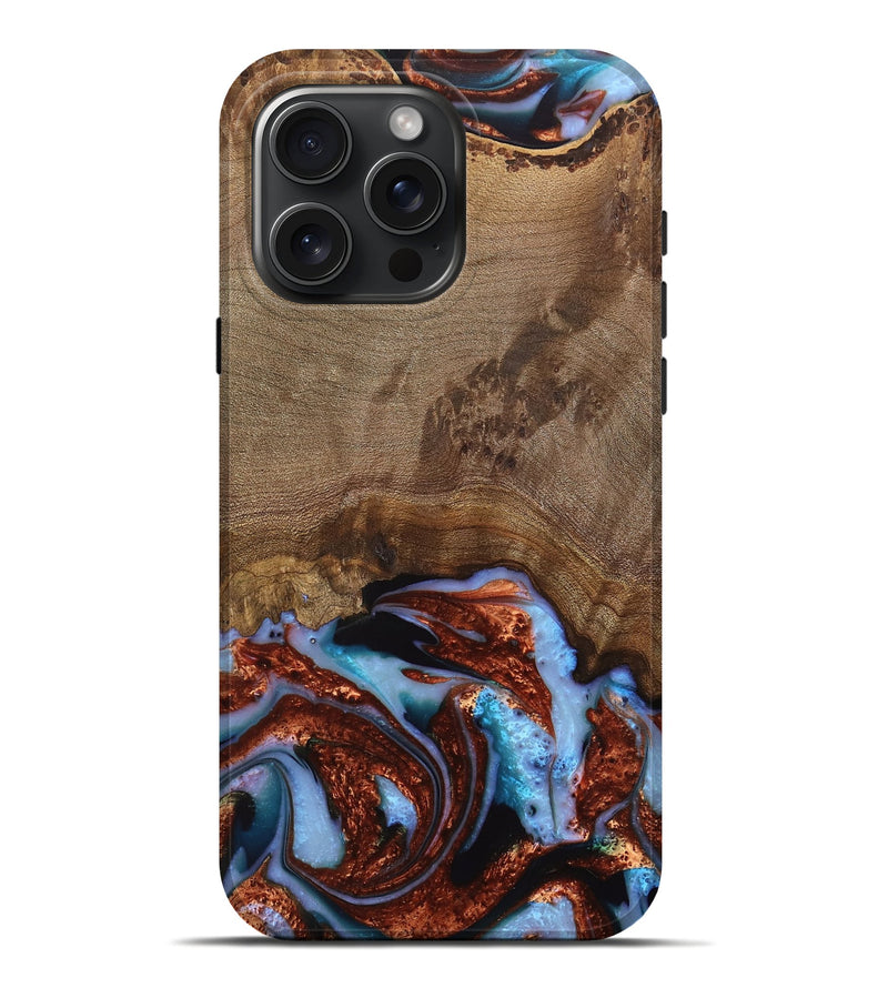 iPhone 16 Pro Max Wood Live Edge Phone Case - Andrei (Teal & Gold, 742962)