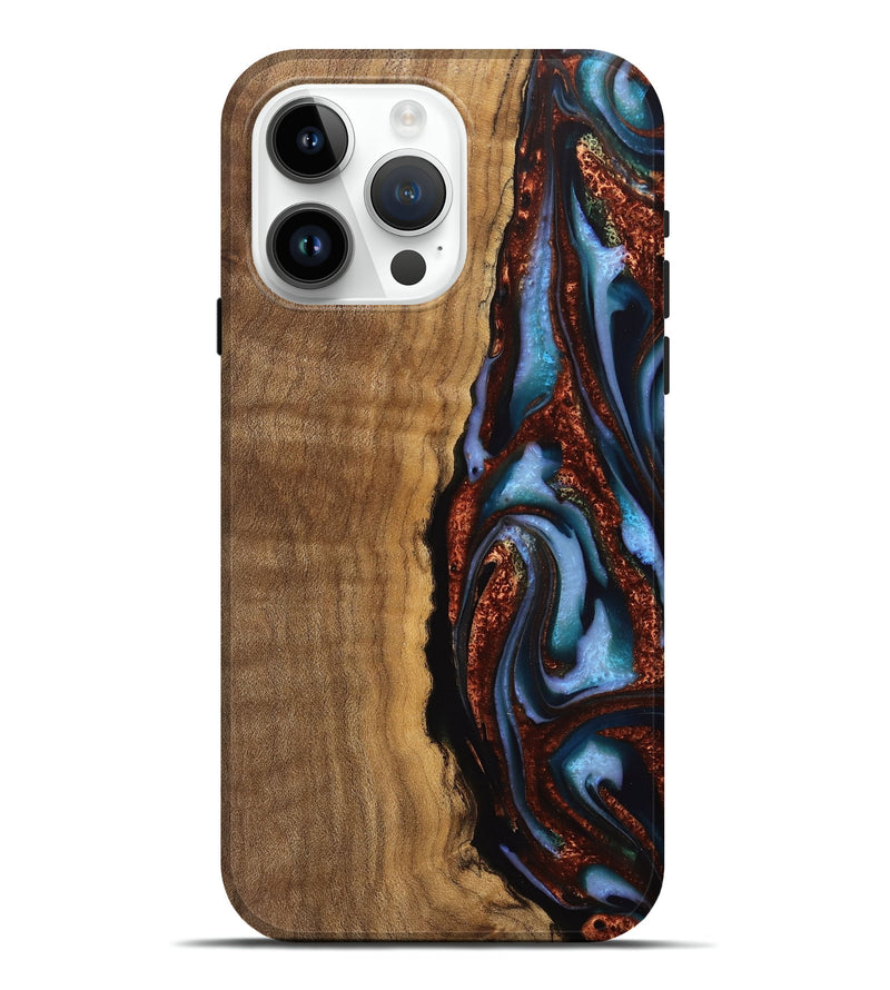 iPhone 15 Pro Max Wood Live Edge Phone Case - Kemp (Teal & Gold, 742963)