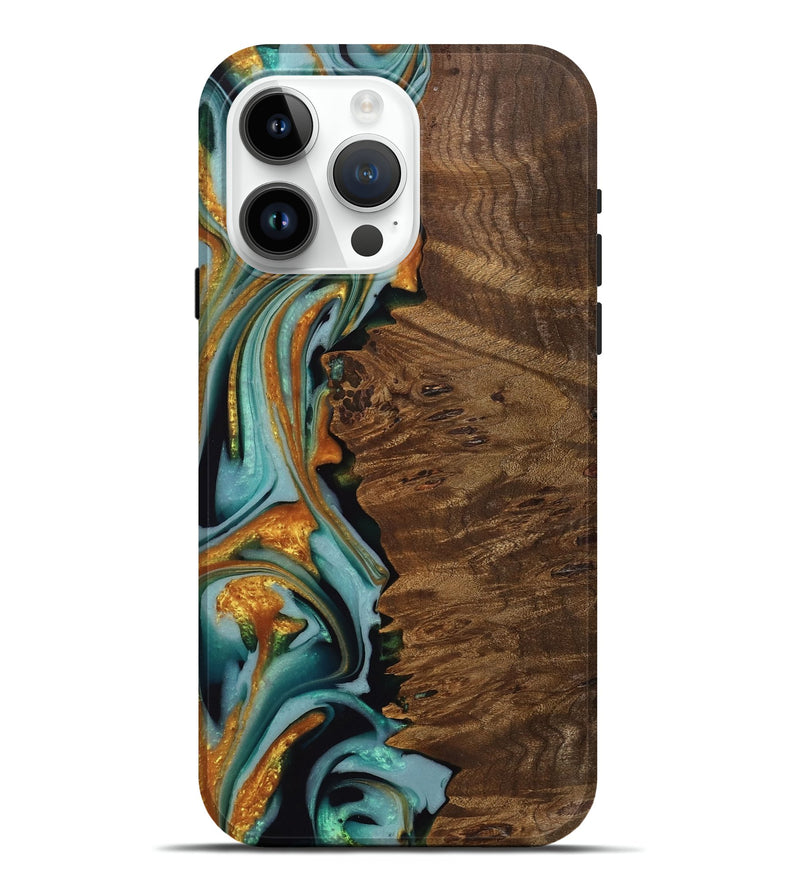 iPhone 15 Pro Max Wood Live Edge Phone Case - West (Teal & Gold, 742966)