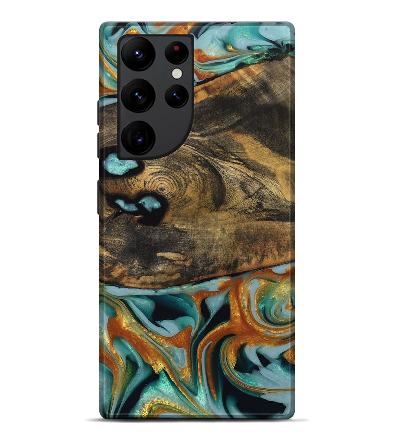 Galaxy S22 Ultra Wood Live Edge Phone Case - Jasver (Teal & Gold, 742967)