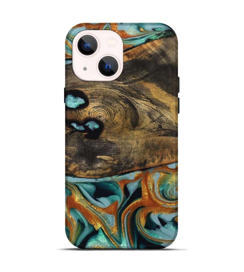 iPhone 14 Wood Live Edge Phone Case - Jasver (Teal & Gold, 742967)