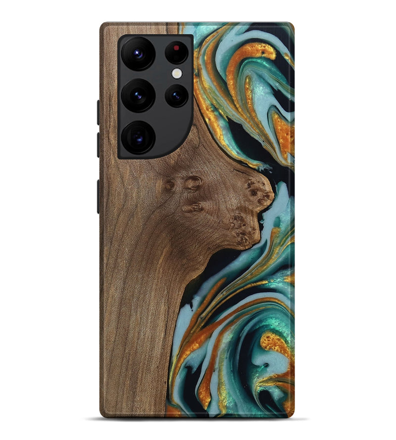 Galaxy S22 Ultra Wood Live Edge Phone Case - Trevor (Teal & Gold, 742968)