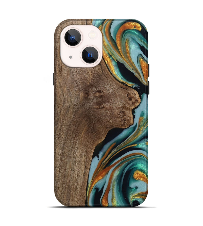 iPhone 14 Wood Live Edge Phone Case - Trevor (Teal & Gold, 742968)