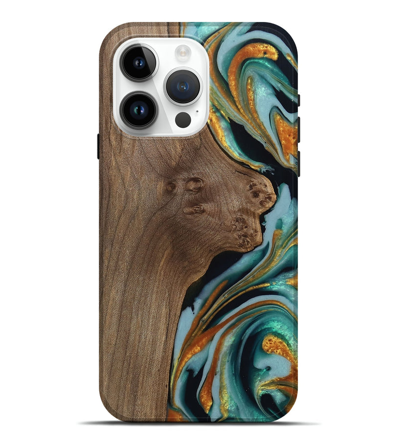 iPhone 15 Pro Max Wood Live Edge Phone Case - Trevor (Teal & Gold, 742968)