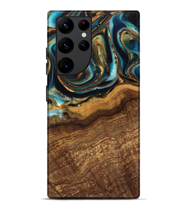 Galaxy S22 Ultra Wood Live Edge Phone Case - Kaylynn (Teal & Gold, 742970)