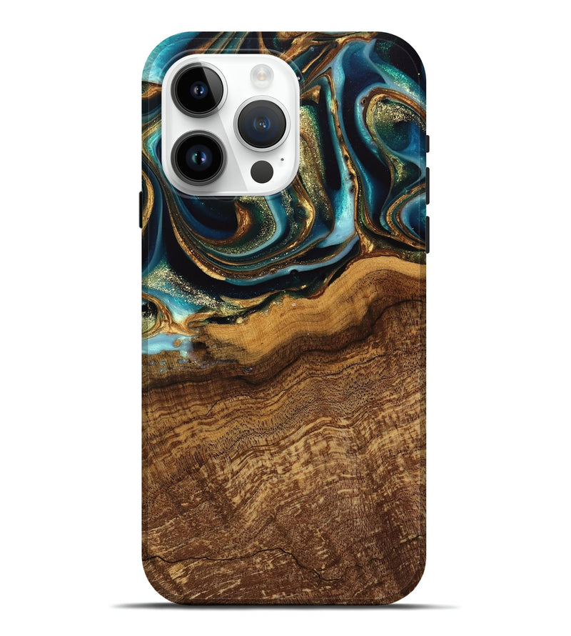 iPhone 15 Pro Max Wood Live Edge Phone Case - Kaylynn (Teal & Gold, 742970)