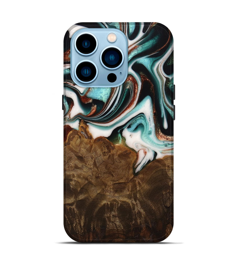 iPhone 14 Pro Wood Live Edge Phone Case - Ulla (Teal & Gold, 742972)