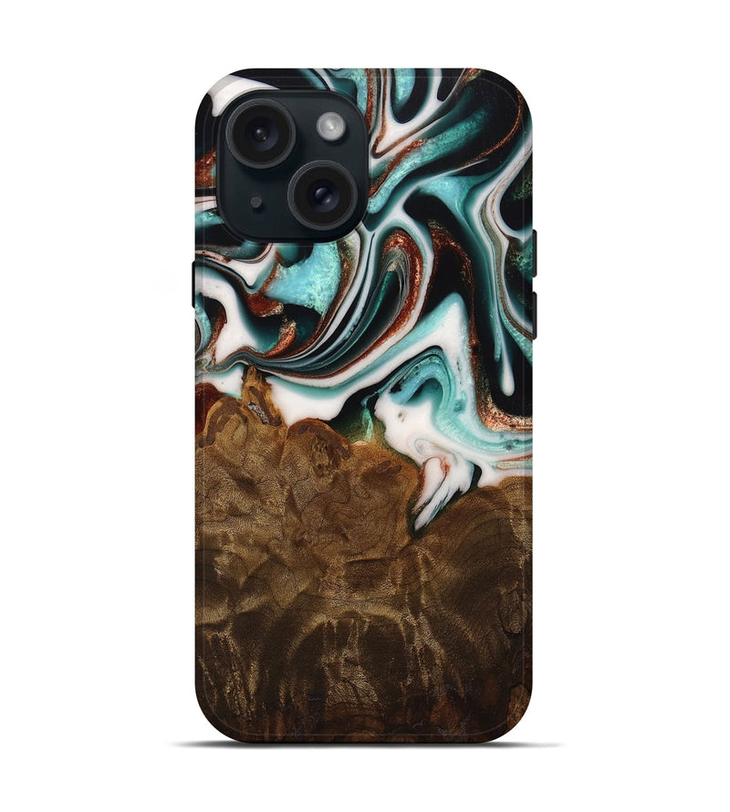 iPhone 15 Wood Live Edge Phone Case - Ulla (Teal & Gold, 742972)