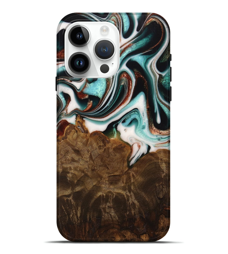 iPhone 15 Pro Max Wood Live Edge Phone Case - Ulla (Teal & Gold, 742972)