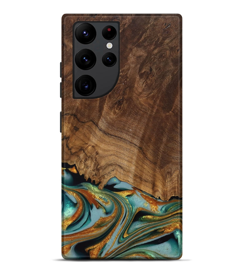 Galaxy S22 Ultra Wood Live Edge Phone Case - Huong (Teal & Gold, 742973)