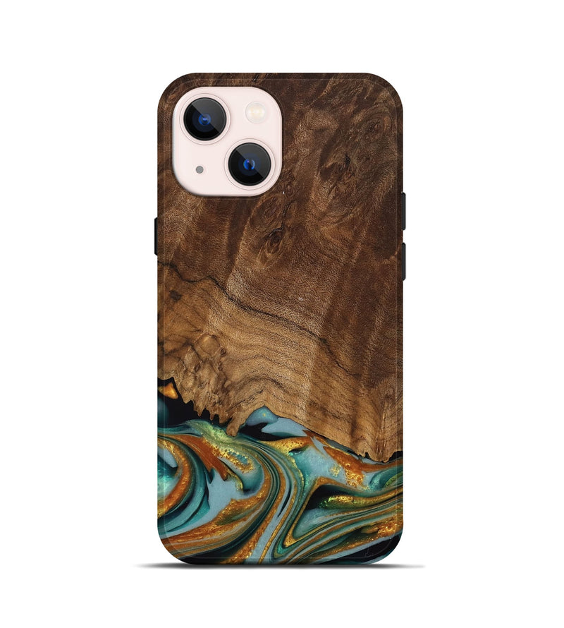 iPhone 13 mini Wood Live Edge Phone Case - Huong (Teal & Gold, 742973)