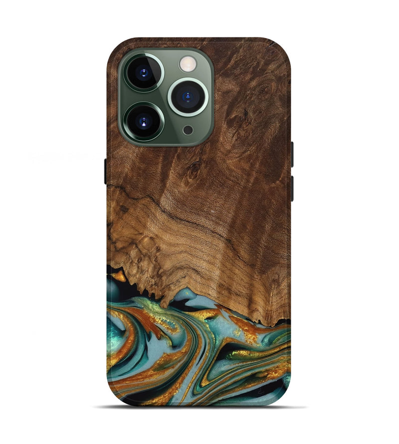 iPhone 13 Pro Wood Live Edge Phone Case - Huong (Teal & Gold, 742973)