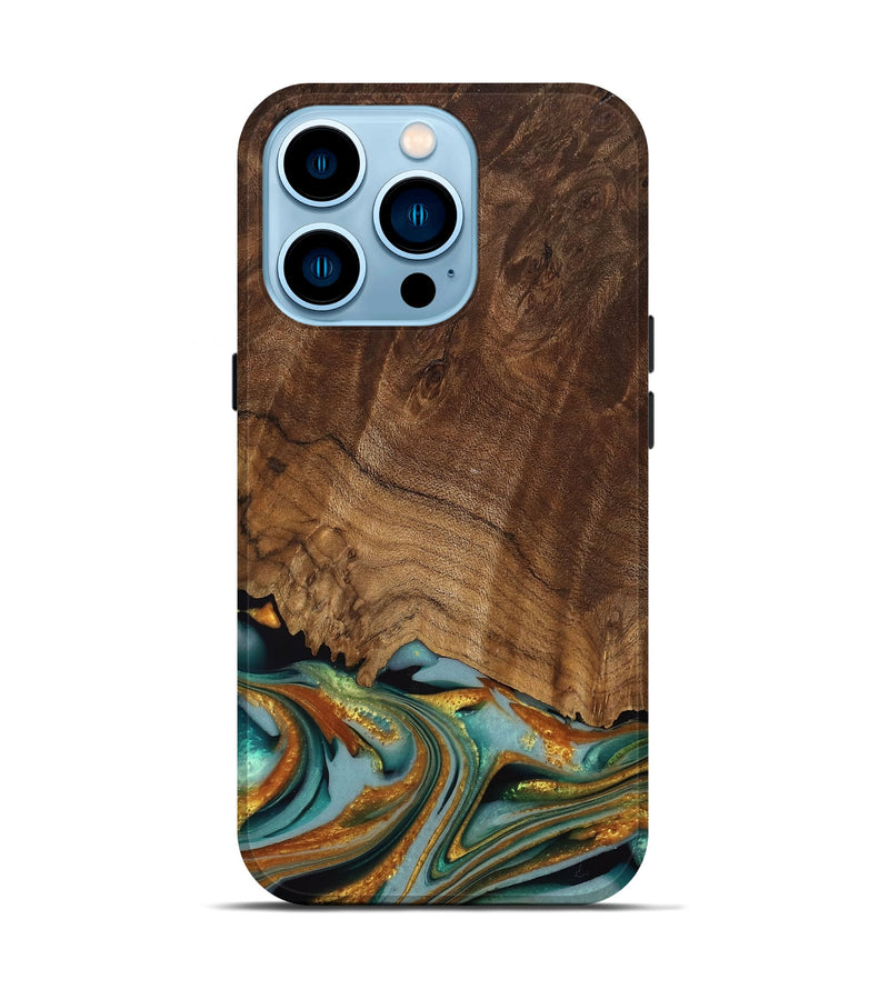 iPhone 14 Pro Wood Live Edge Phone Case - Huong (Teal & Gold, 742973)