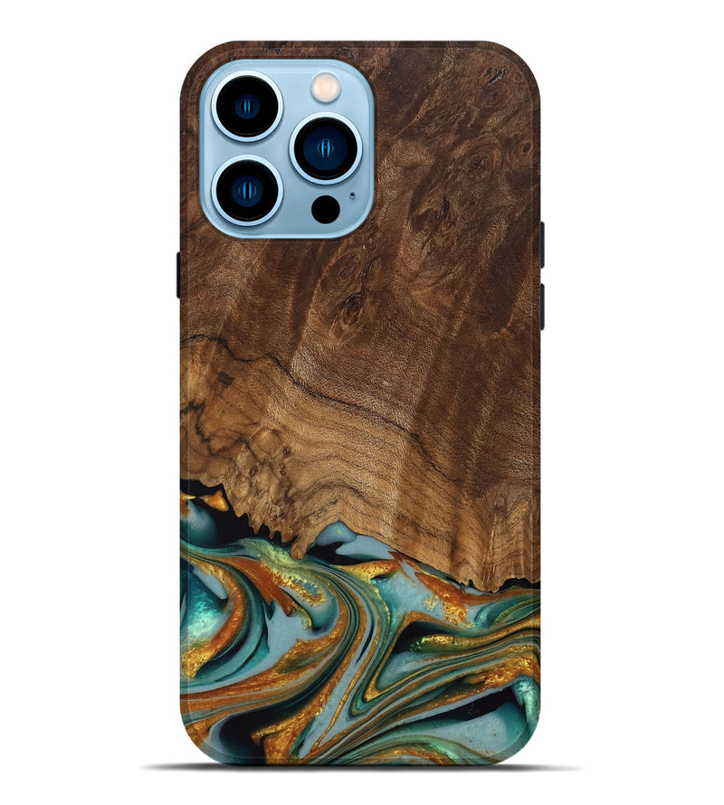 iPhone 14 Pro Max Wood Live Edge Phone Case - Huong (Teal & Gold, 742973)