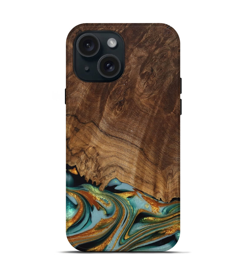 iPhone 15 Wood Live Edge Phone Case - Huong (Teal & Gold, 742973)