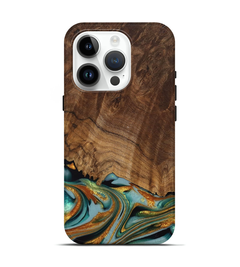 iPhone 15 Pro Wood Live Edge Phone Case - Huong (Teal & Gold, 742973)