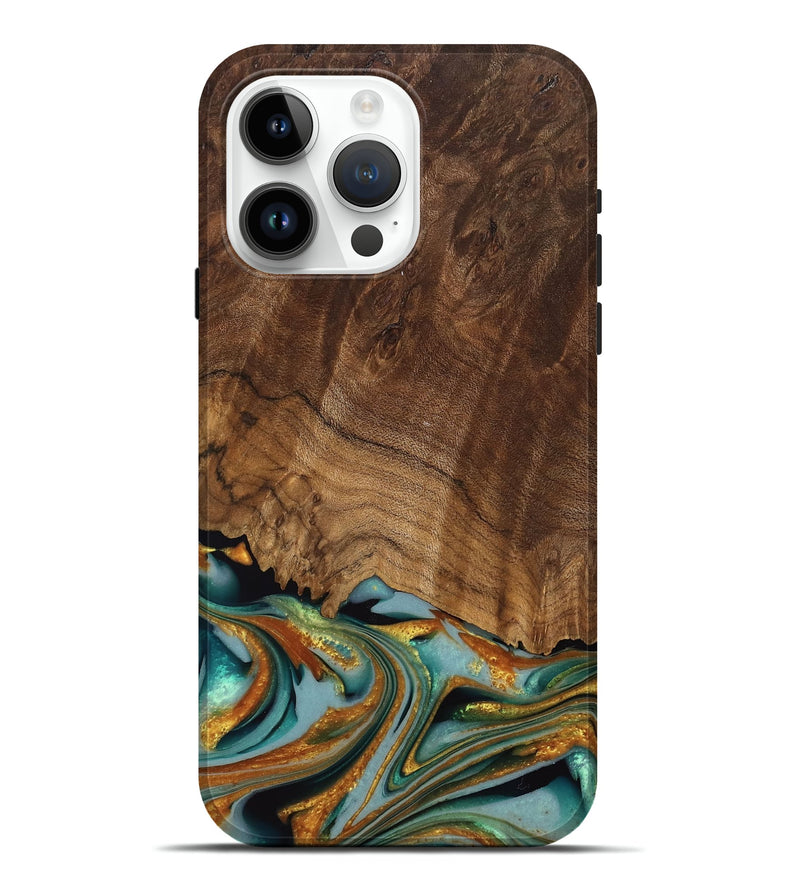 iPhone 15 Pro Max Wood Live Edge Phone Case - Huong (Teal & Gold, 742973)