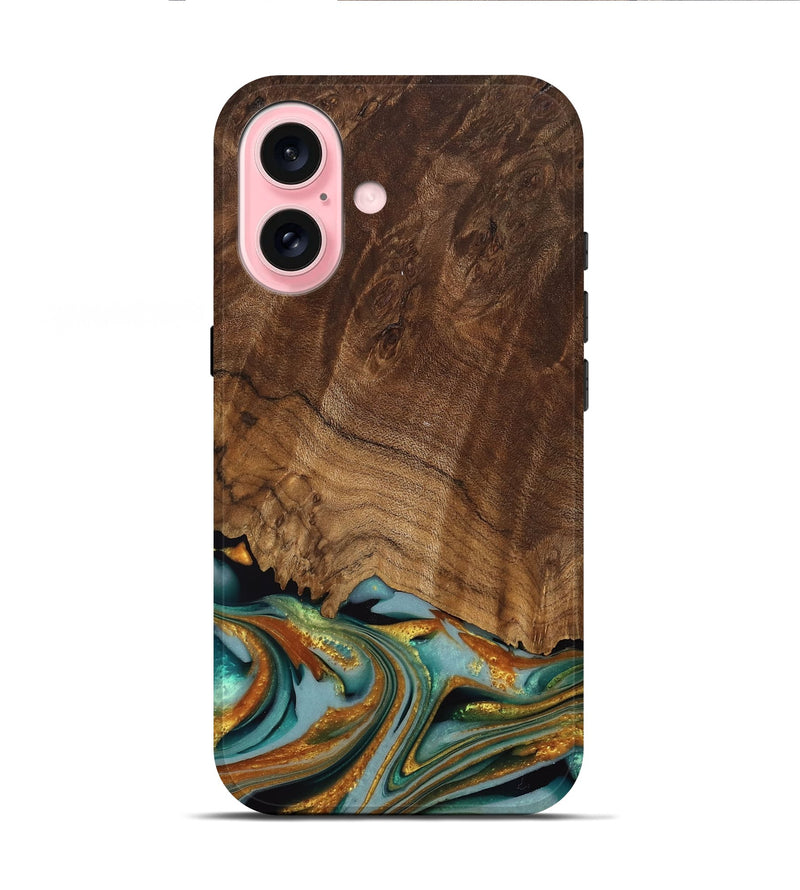 iPhone 16 Wood Live Edge Phone Case - Huong (Teal & Gold, 742973)