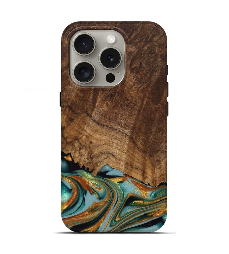 iPhone 16 Pro Wood Live Edge Phone Case - Huong (Teal & Gold, 742973)