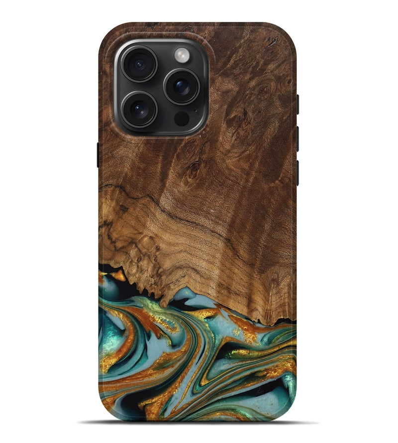 iPhone 16 Pro Max Wood Live Edge Phone Case - Huong (Teal & Gold, 742973)