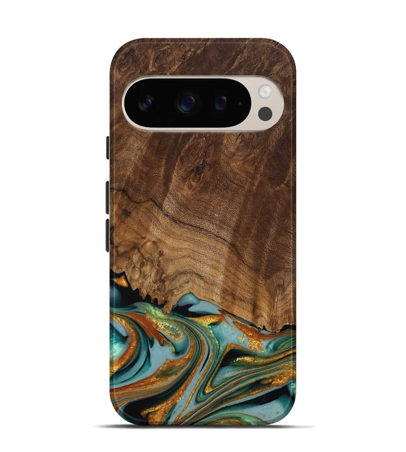 Pixel 9 Wood Live Edge Phone Case - Huong (Teal & Gold, 742973)