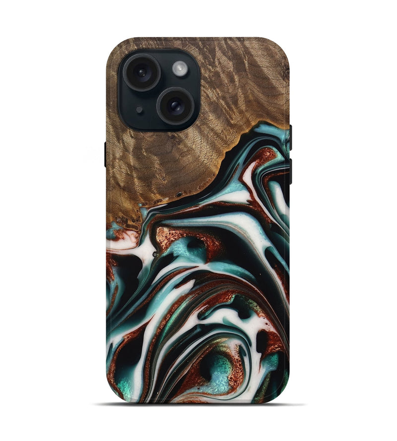 iPhone 15 Wood Live Edge Phone Case - Cherryl (Teal & Gold, 742982)