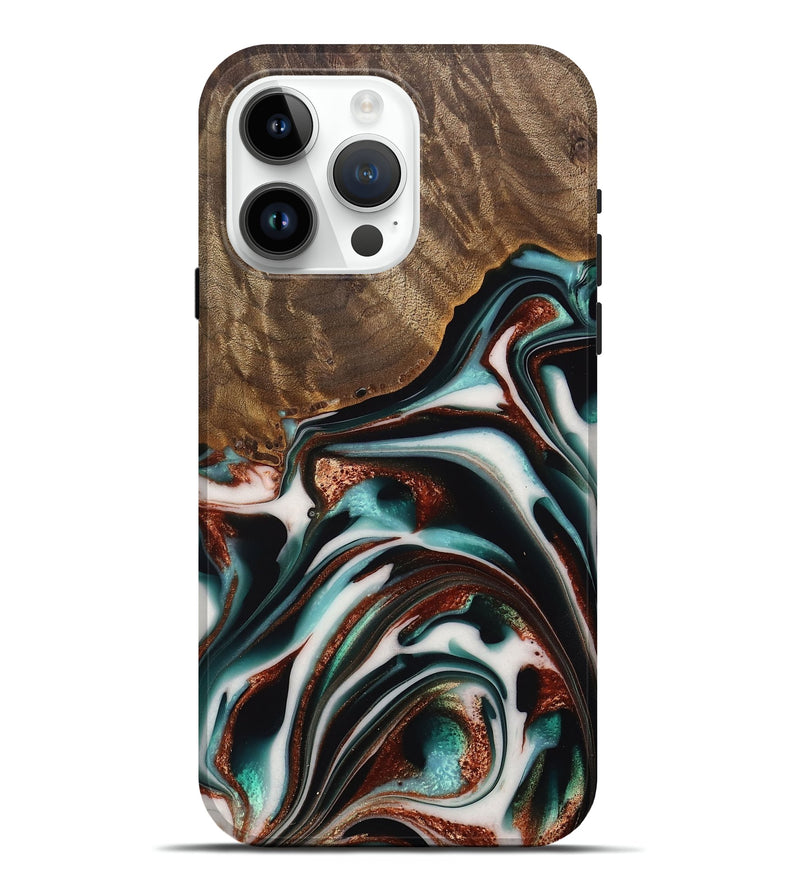 iPhone 15 Pro Max Wood Live Edge Phone Case - Cherryl (Teal & Gold, 742982)