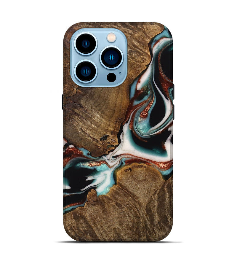 iPhone 14 Pro Wood Live Edge Phone Case - Rebekah (Teal & Gold, 742984)