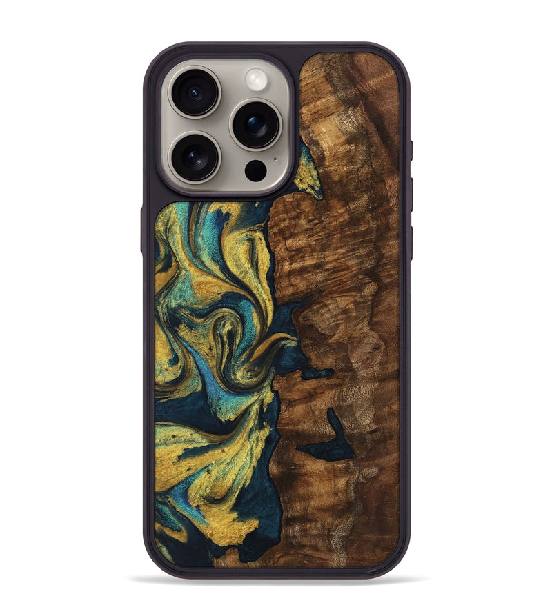 iPhone 15 Pro Max Wood Phone Case - Cletus (Teal & Gold, 743021)